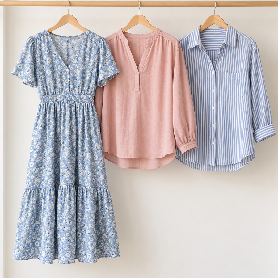 Everyday floral dress, blouse and striped shirt displayed clearly on hangers — AI-generated product direction